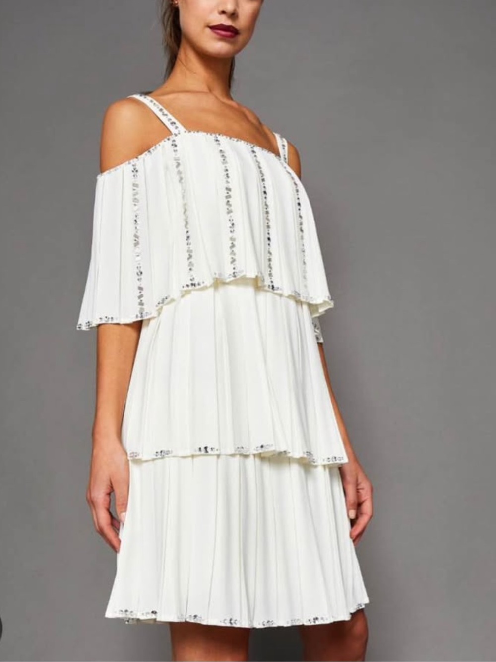 Ted Baker White Cold-Shoulder Tiered Dress with Silver Trim